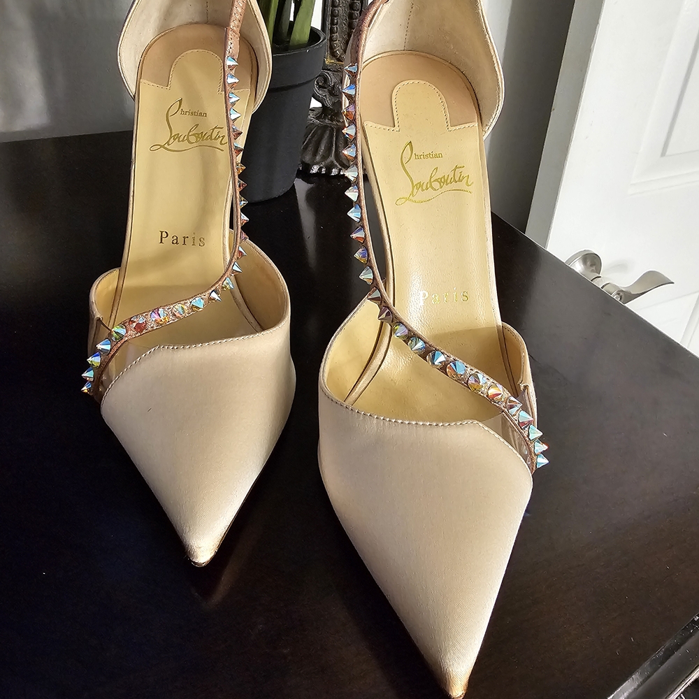 Christian Louboutin Cream Stiletto Heels with Embellished Strap